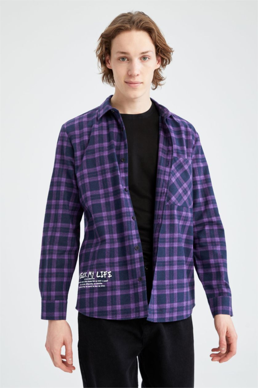 MAN Dark Purple Regular Fit Flanel Long Sleeve Shirt