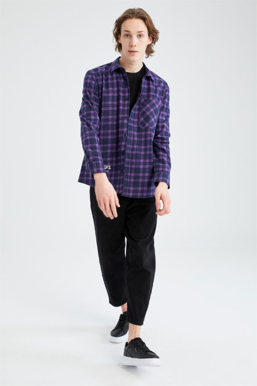 MAN Dark Purple Regular Fit Flanel Long Sleeve Shirt