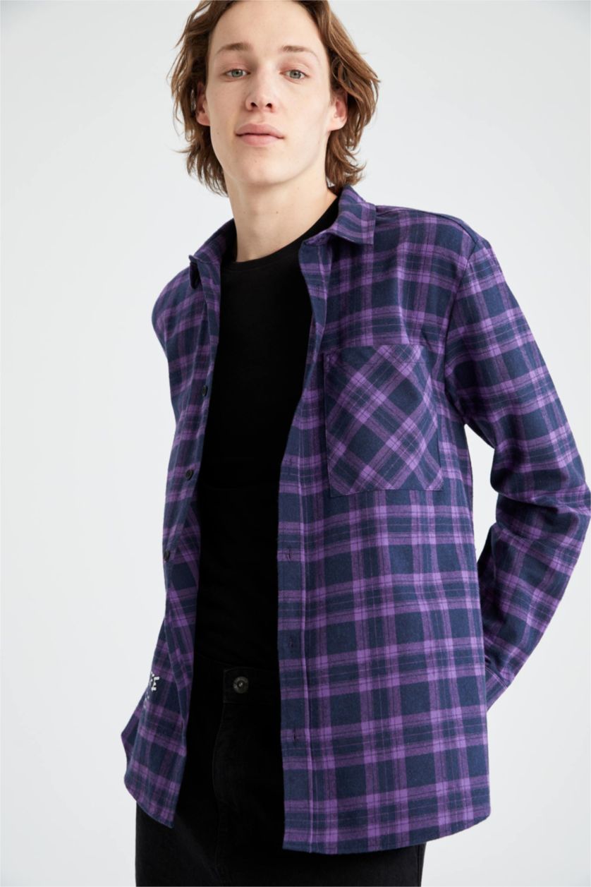 MAN Dark Purple Regular Fit Flanel Long Sleeve Shirt