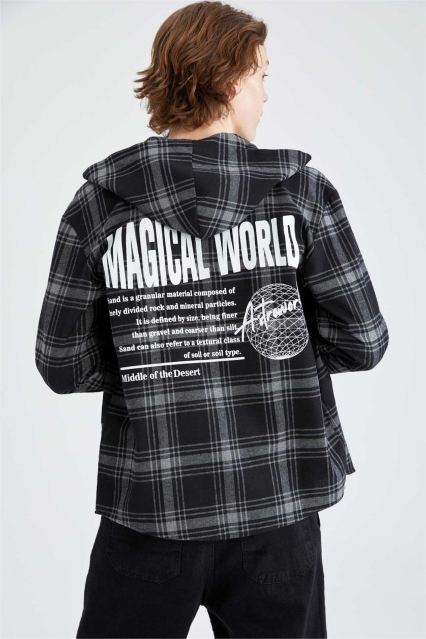 رجال أنثرا غامق قميص من الفلانيل بقصة عادية بأكمام طويلة بغطاء للرأس مطبوع من الخلف