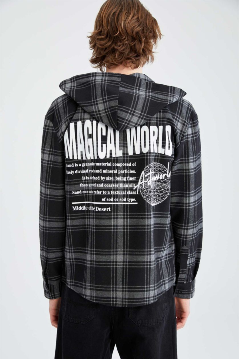 رجال أنثرا غامق قميص من الفلانيل بقصة عادية بأكمام طويلة بغطاء للرأس مطبوع من الخلف