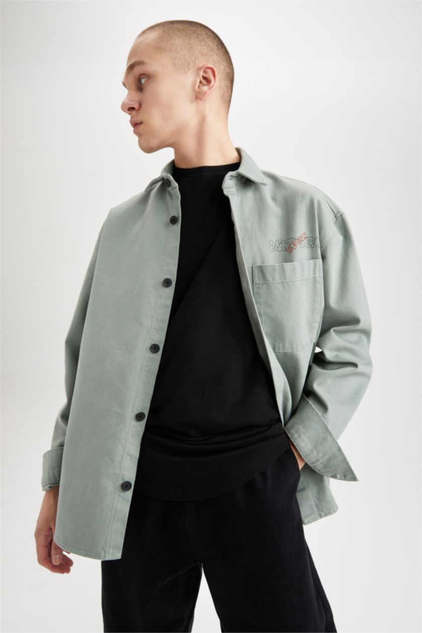 رجال أخضر فاتح Relax Fit Twill Long Sleeve Shirt