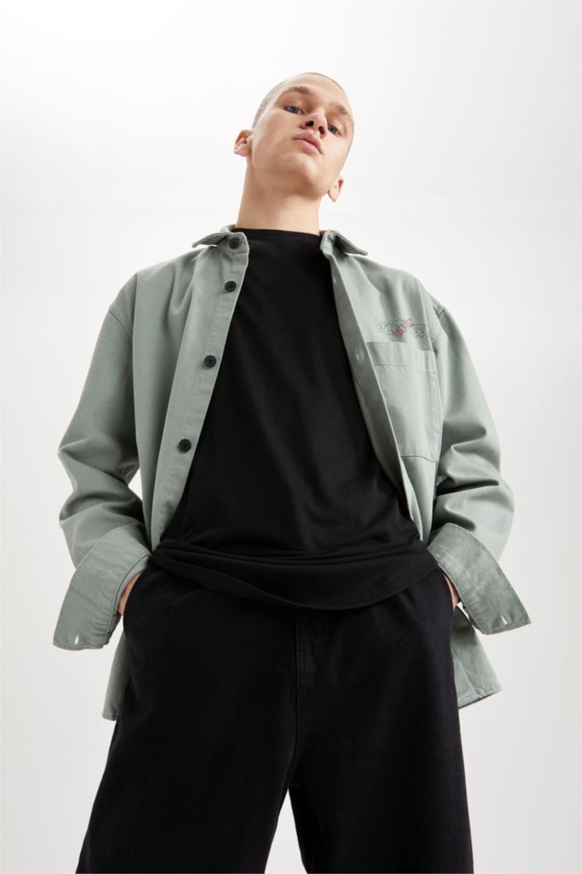 رجال أخضر فاتح Relax Fit Twill Long Sleeve Shirt
