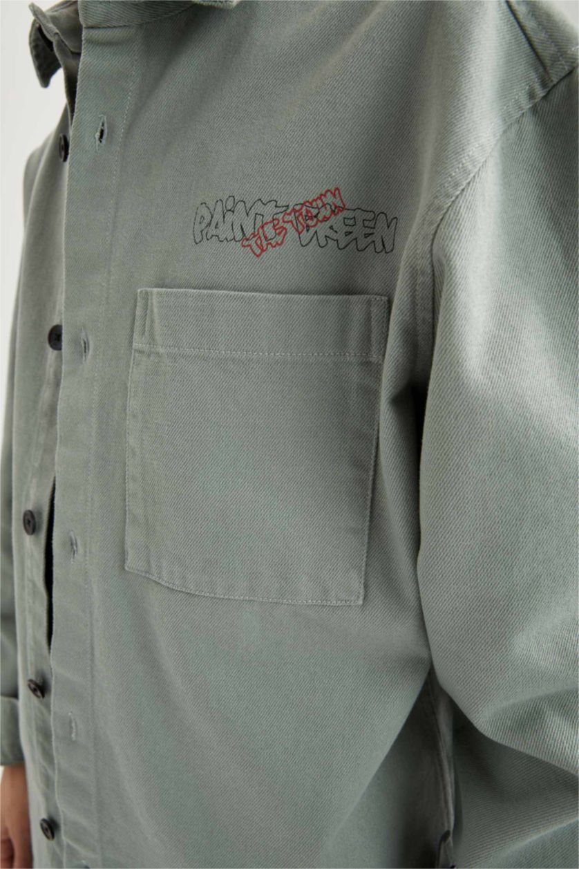رجال أخضر فاتح Relax Fit Twill Long Sleeve Shirt