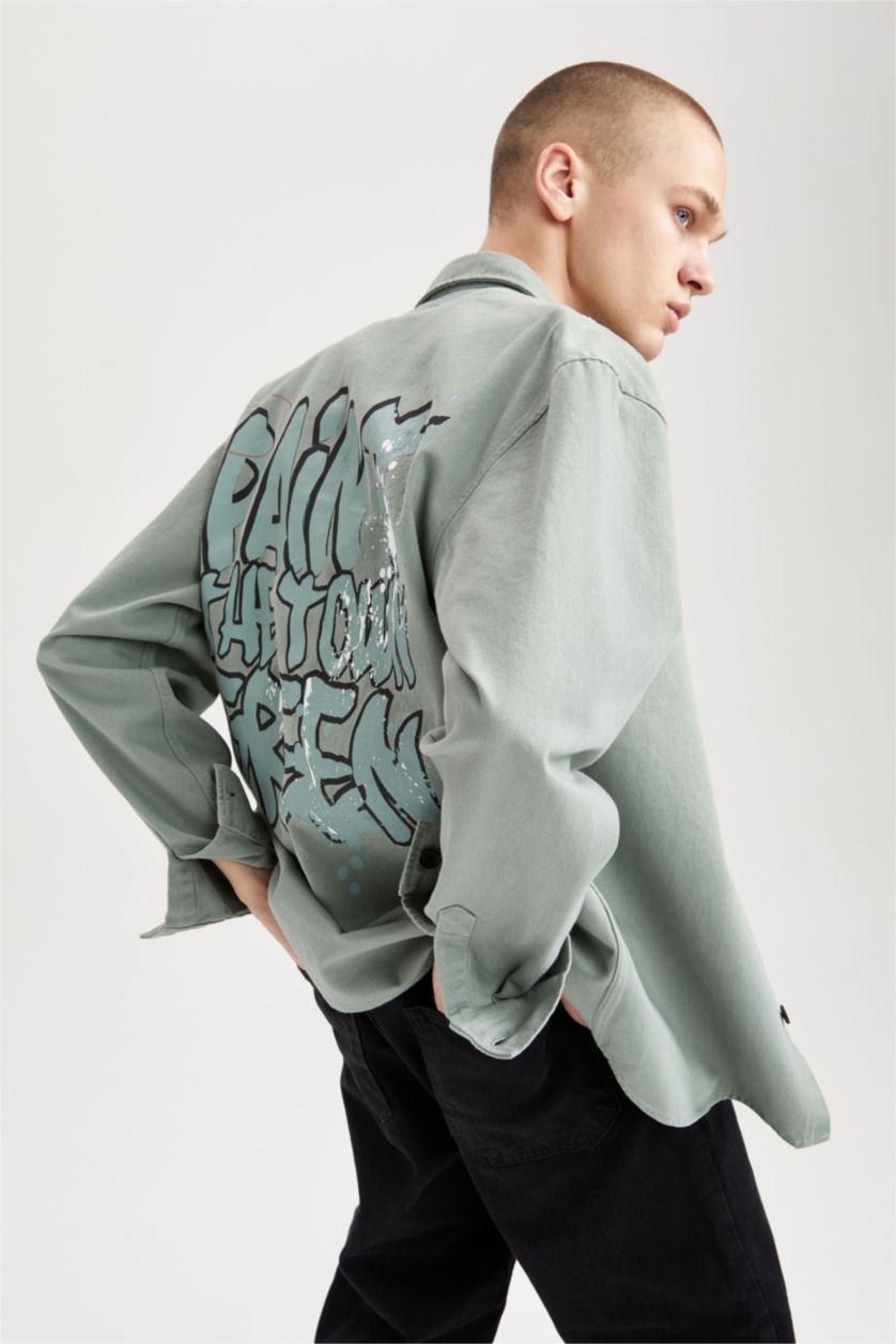 رجال أخضر فاتح Relax Fit Twill Long Sleeve Shirt