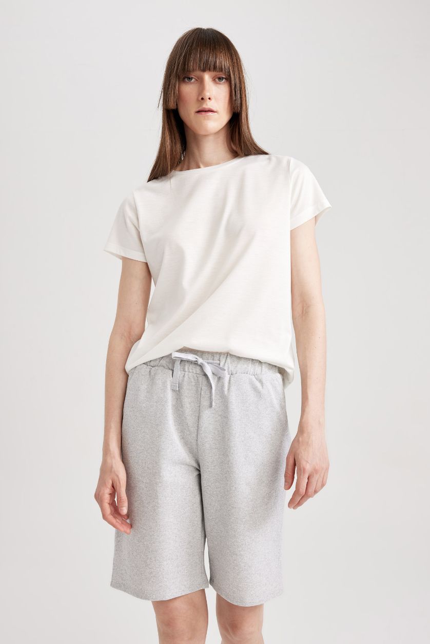 Kadın Gri Melanj Regular Beli Bağcıklı Bermuda %100 Pamuk Şort