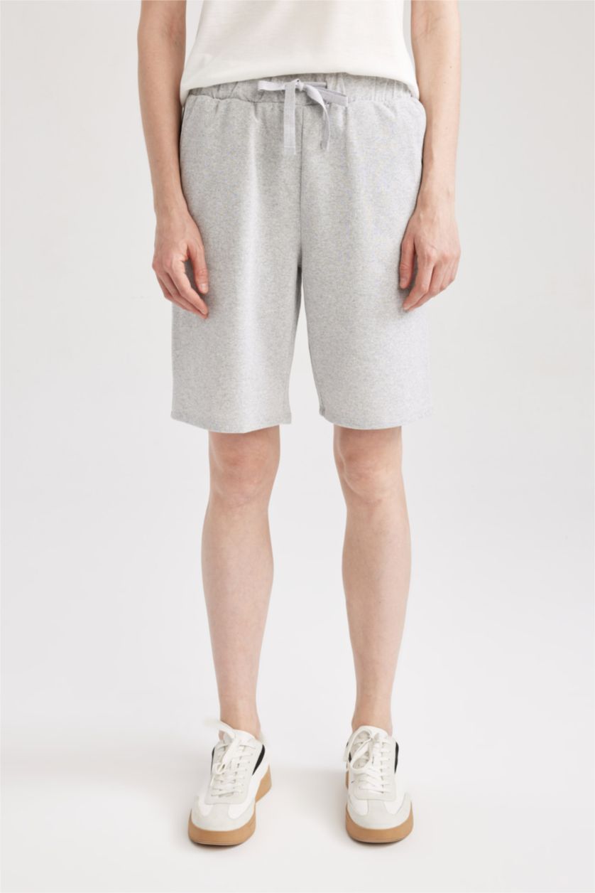 Kadın Gri Melanj Regular Beli Bağcıklı Bermuda %100 Pamuk Şort