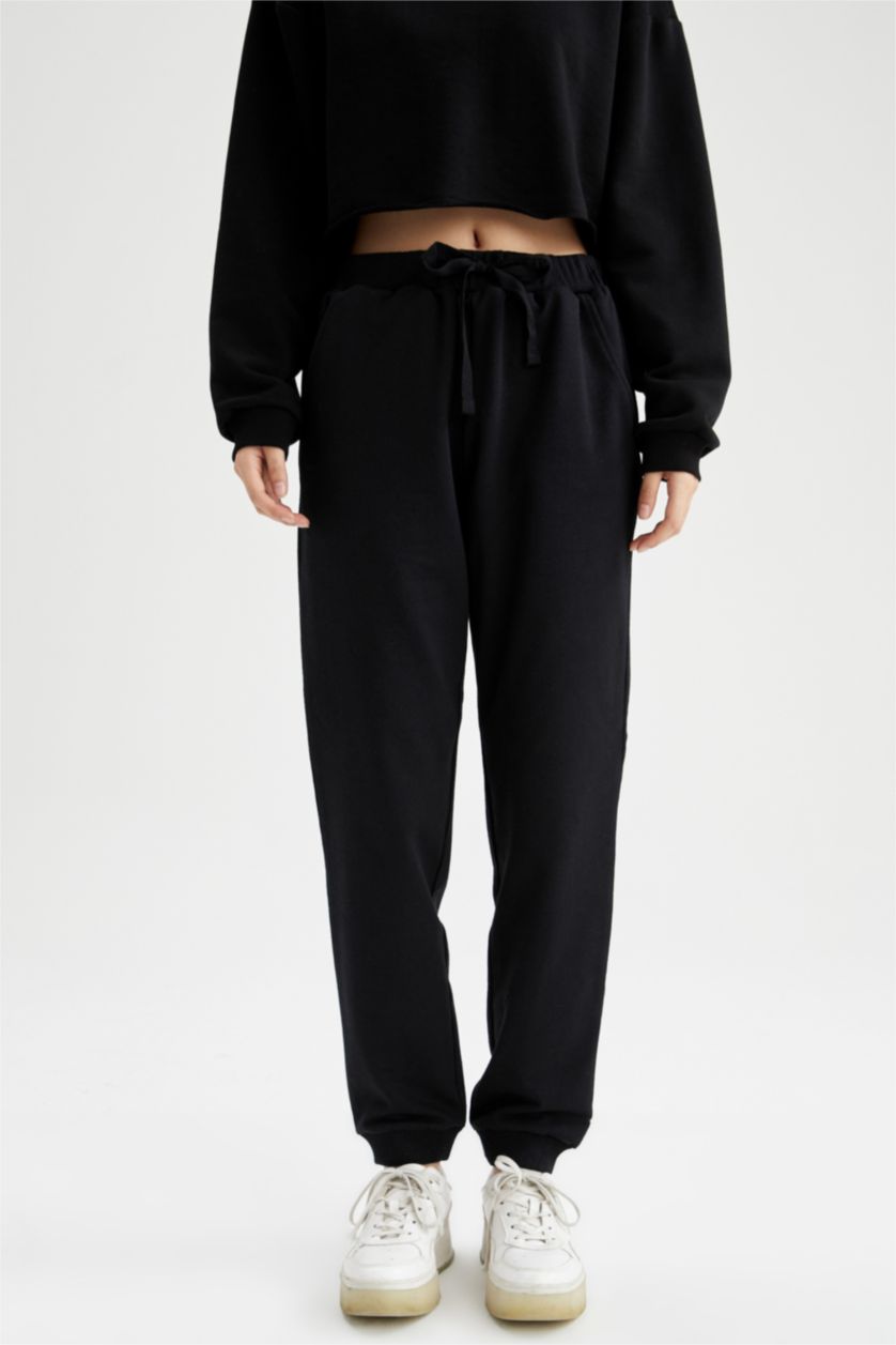 Kadın Siyah Regular Fıt Sweatshirt Kumaşı Pantolon