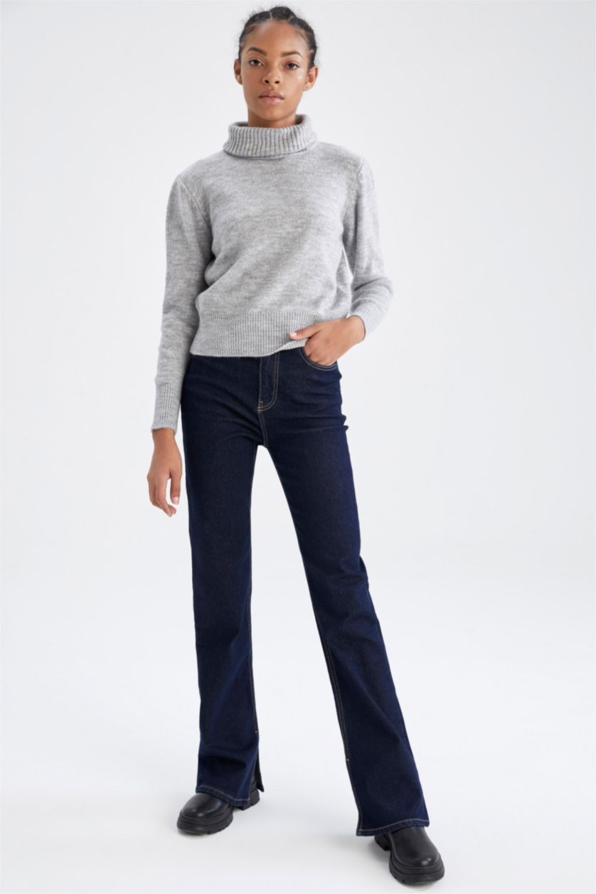 FEMME Bleu Foncé Pantalon en jean fendu à jambe espagnole coupe slim évasée