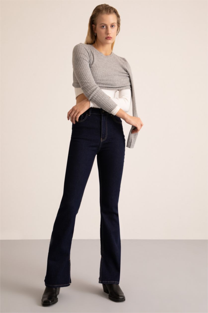 FEMME Bleu Foncé Pantalon en jean fendu à jambe espagnole coupe slim évasée