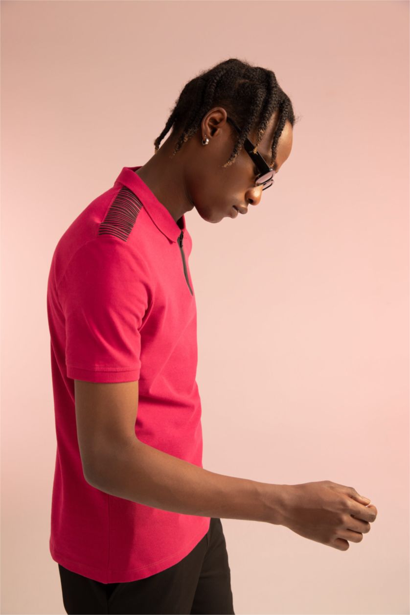 Мужчины Фуксия Футболка поло приталенного кроя с принтом на плечах из 100% хлопка