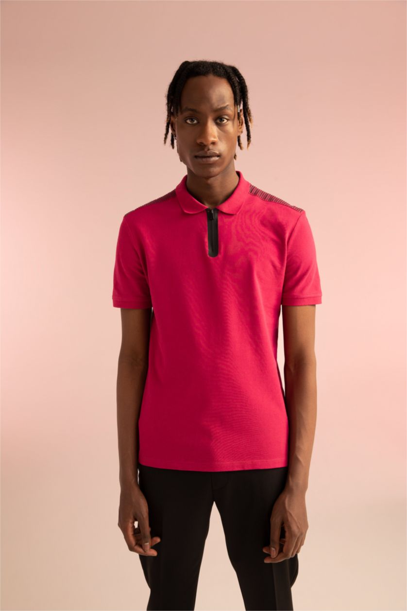 Мужчины Фуксия Футболка поло приталенного кроя с принтом на плечах из 100% хлопка