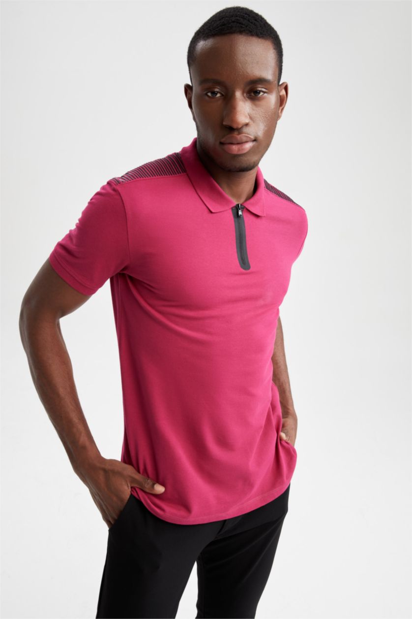 Мужчины Фуксия Футболка поло приталенного кроя с принтом на плечах из 100% хлопка