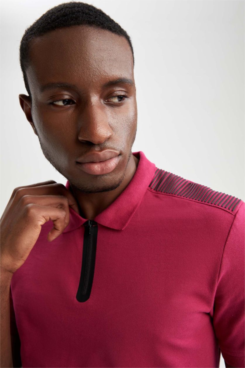 Мужчины Фуксия Футболка поло приталенного кроя с принтом на плечах из 100% хлопка