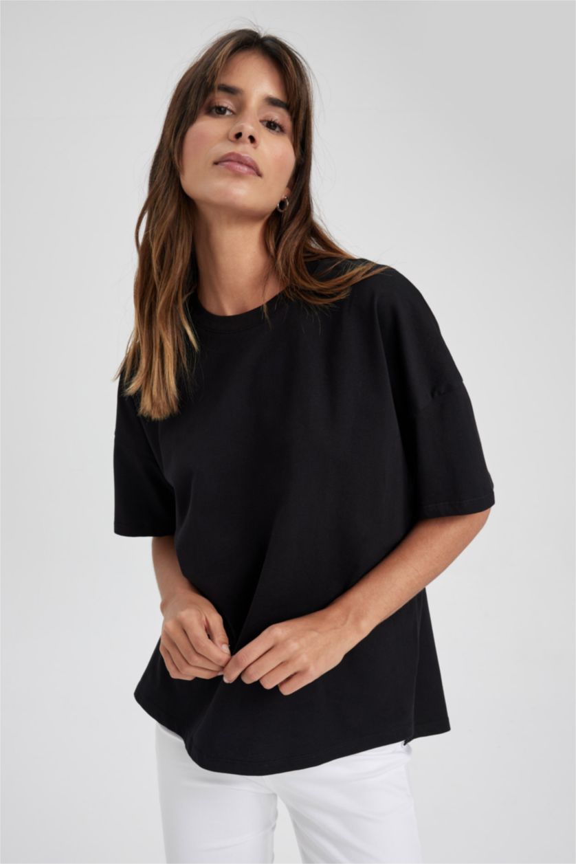 FEMME Noir T-Shirt Oversize En Coton À Col Rond