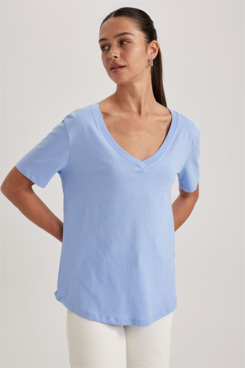 WOMAN Blue Regular Fit V Neck Short Sleeve Cotton T-Shirt