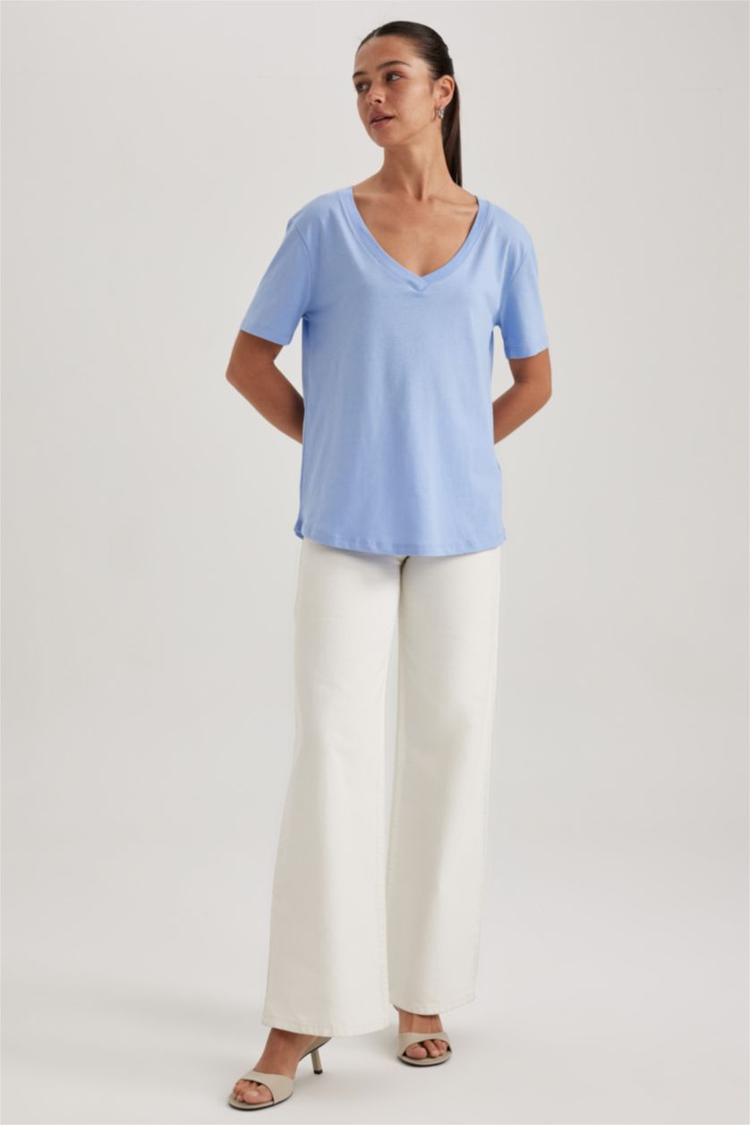 WOMAN Blue Regular Fit V Neck Short Sleeve Cotton T-Shirt