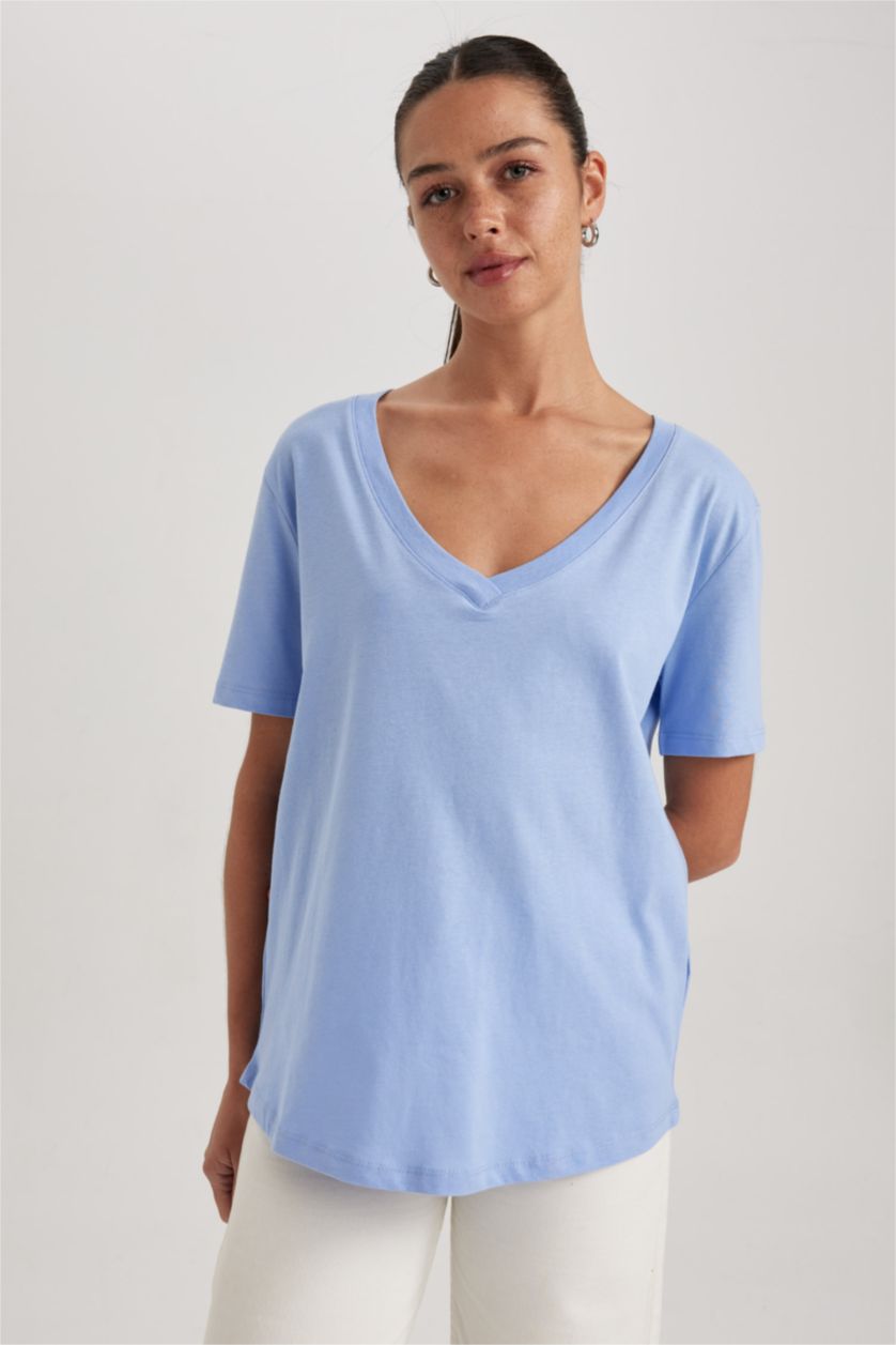 WOMAN Blue Regular Fit V Neck Short Sleeve Cotton T-Shirt