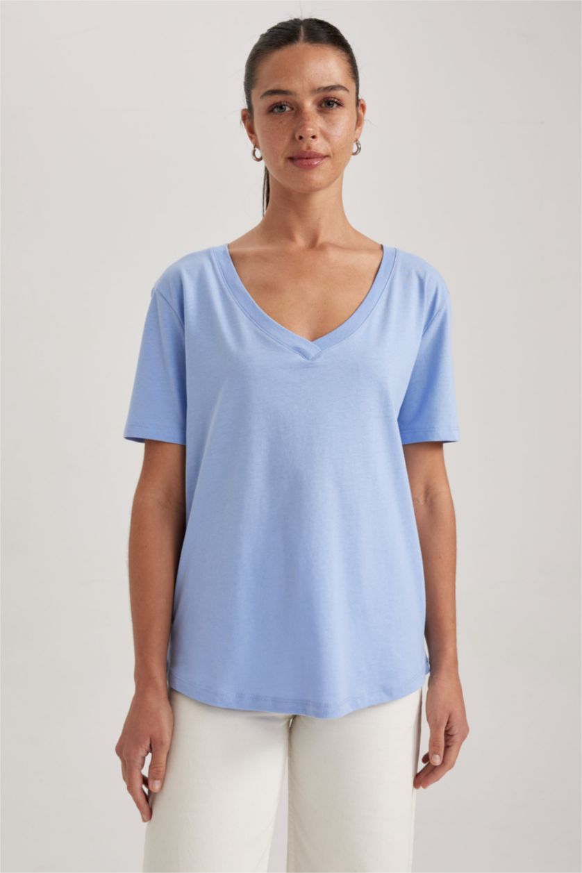 WOMAN Blue Regular Fit V Neck Short Sleeve Cotton T-Shirt