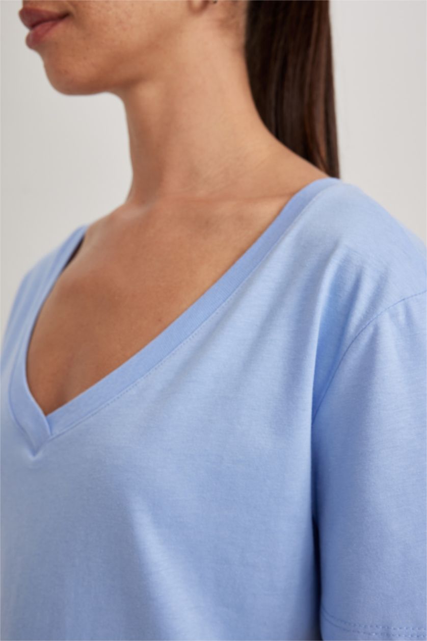 WOMAN Blue Regular Fit V Neck Short Sleeve Cotton T-Shirt