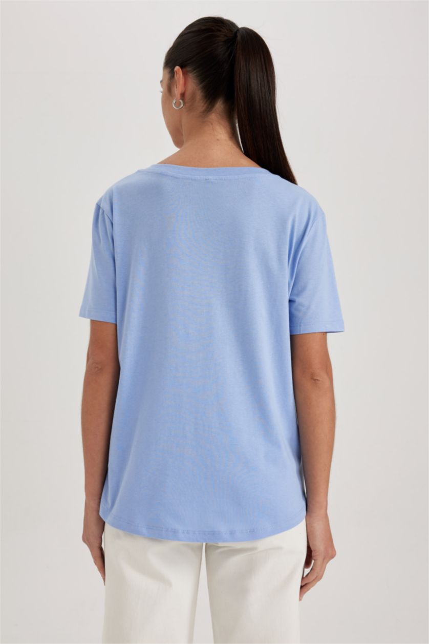 WOMAN Blue Regular Fit V Neck Short Sleeve Cotton T-Shirt