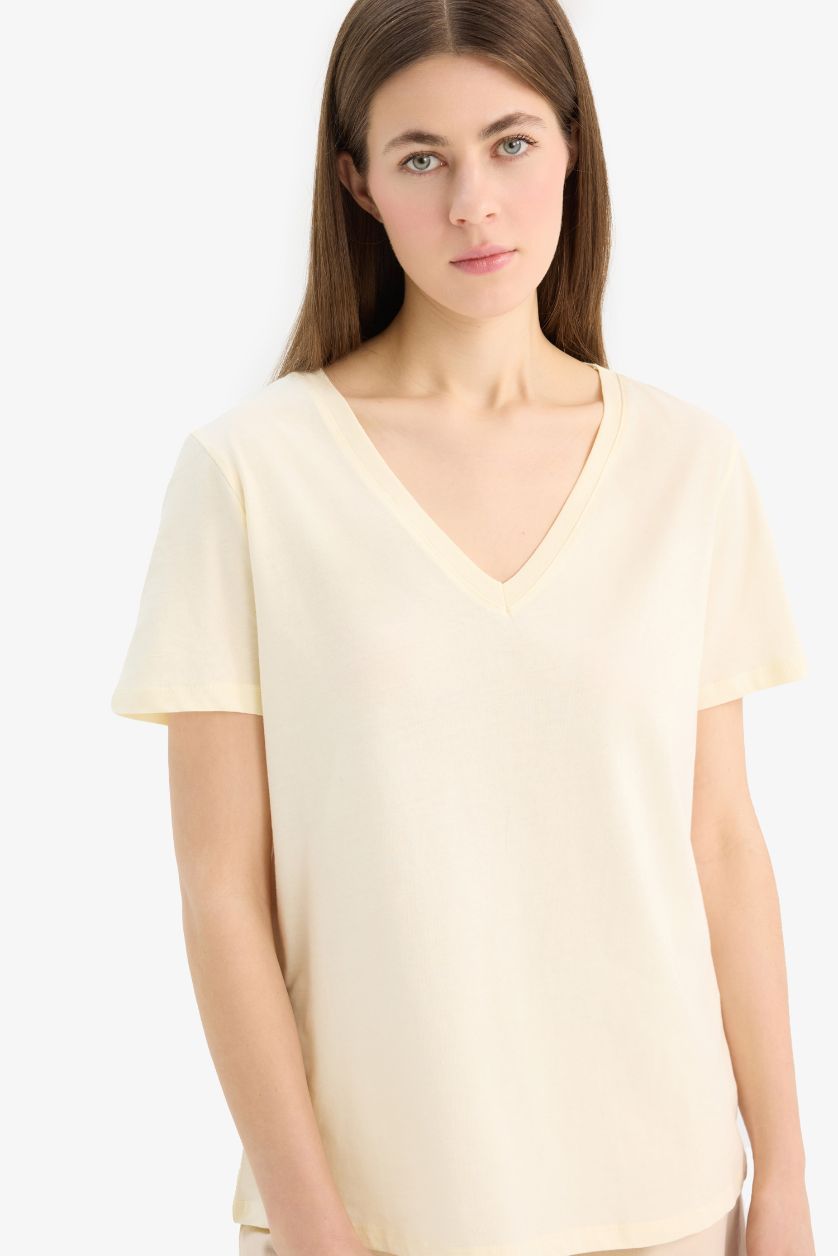 Woman Light Yellow Regular Fit V Neck Basic Cotton Short Sleeve T-Shirt