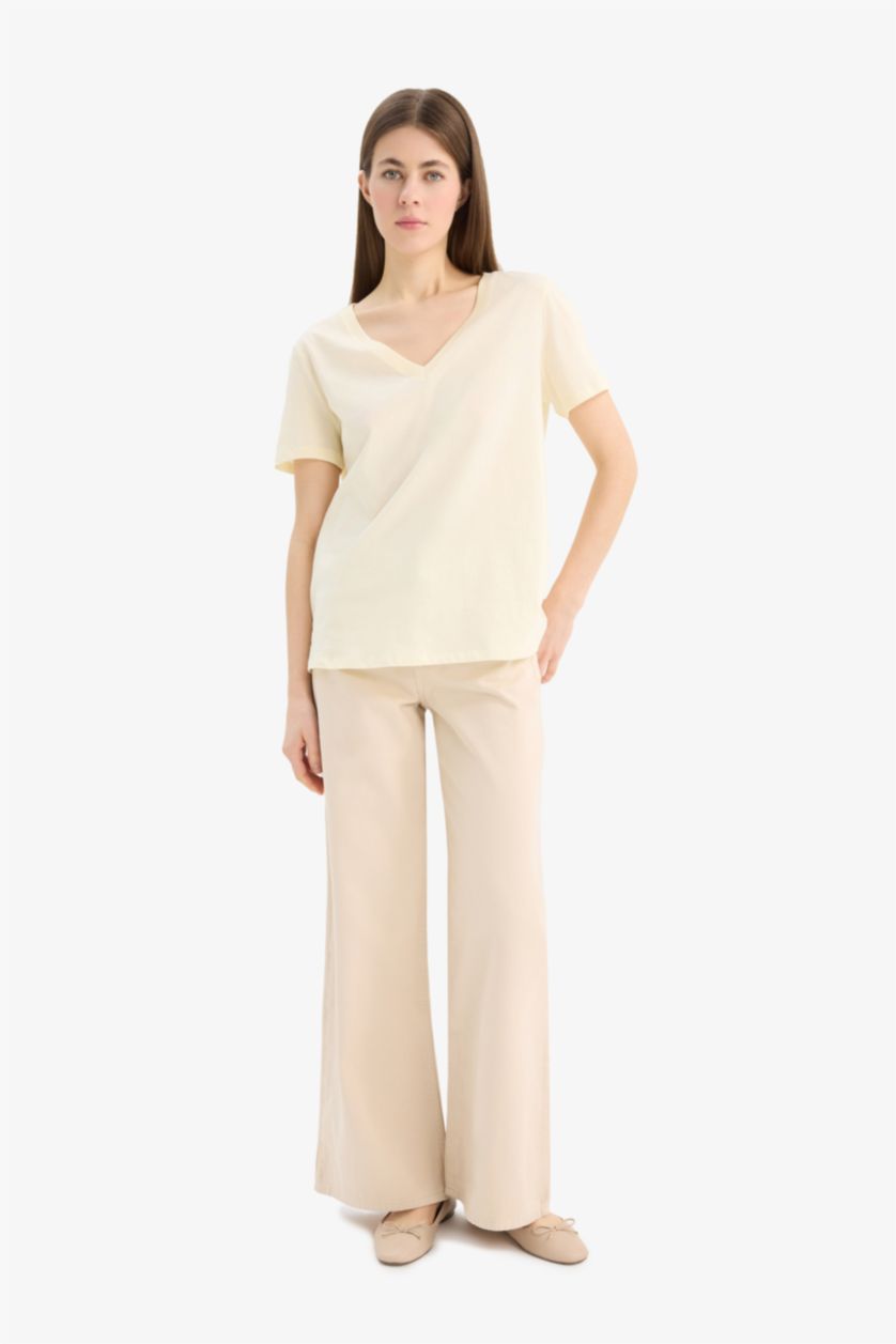 Woman Light Yellow Regular Fit V Neck Basic Cotton Short Sleeve T-Shirt