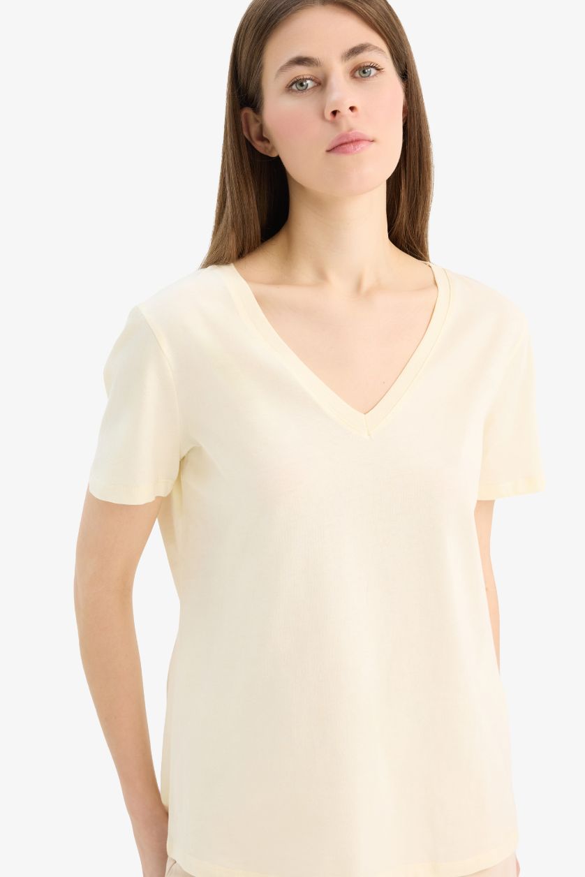 Woman Light Yellow Regular Fit V Neck Basic Cotton Short Sleeve T-Shirt