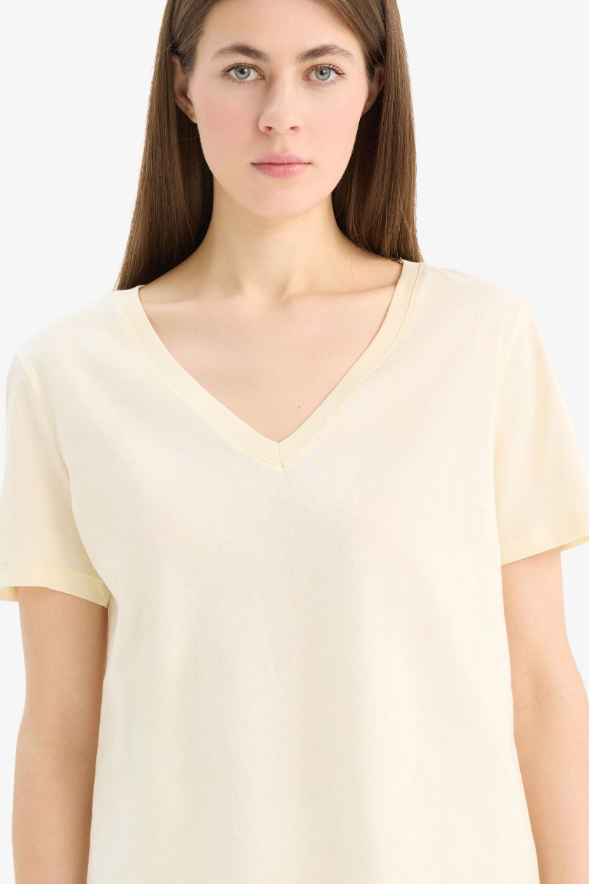 Woman Light Yellow Regular Fit V Neck Basic Cotton Short Sleeve T-Shirt