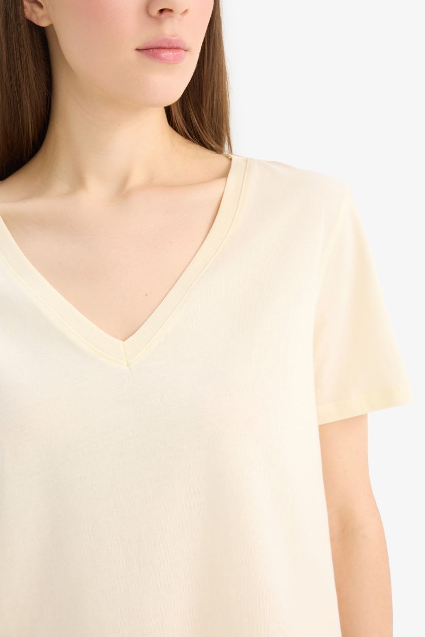 Woman Light Yellow Regular Fit V Neck Basic Cotton Short Sleeve T-Shirt