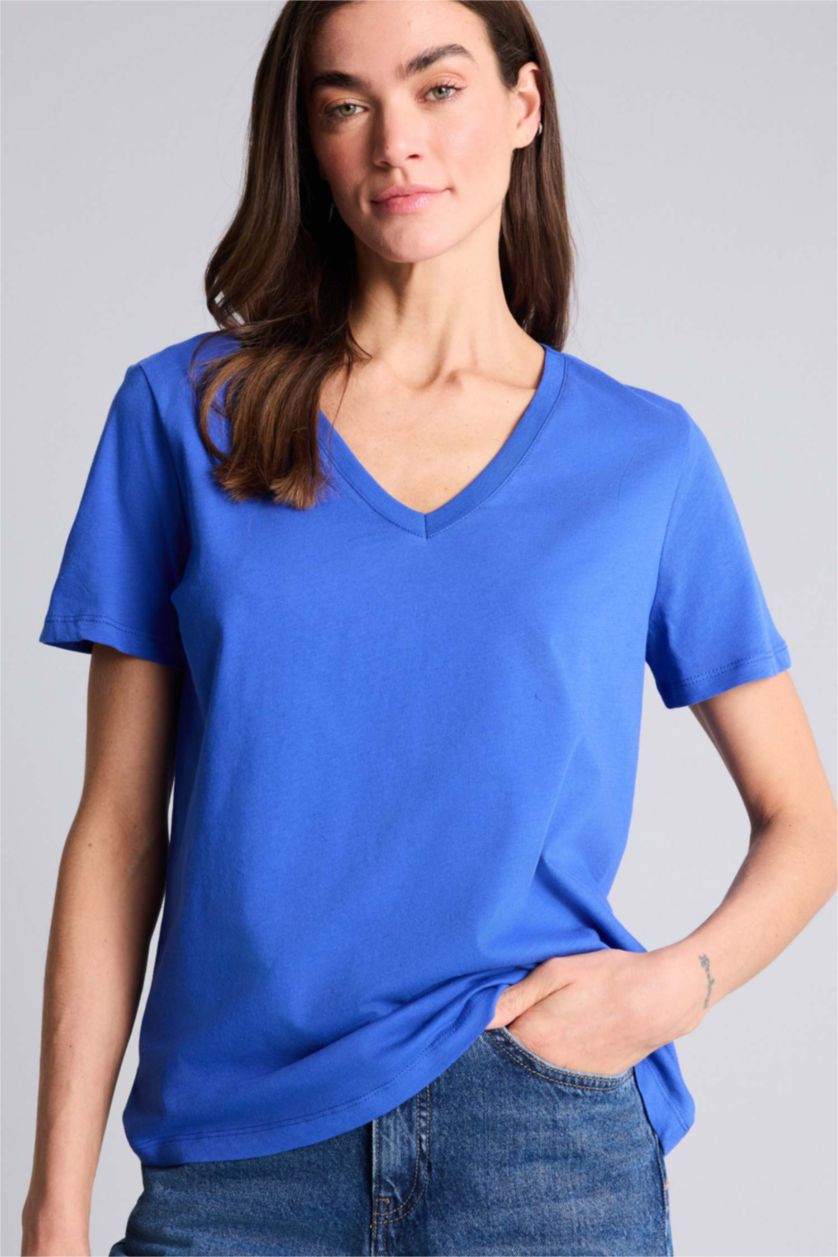 Kadın Saks %100 Pamuk V Yaka Basic Tişört