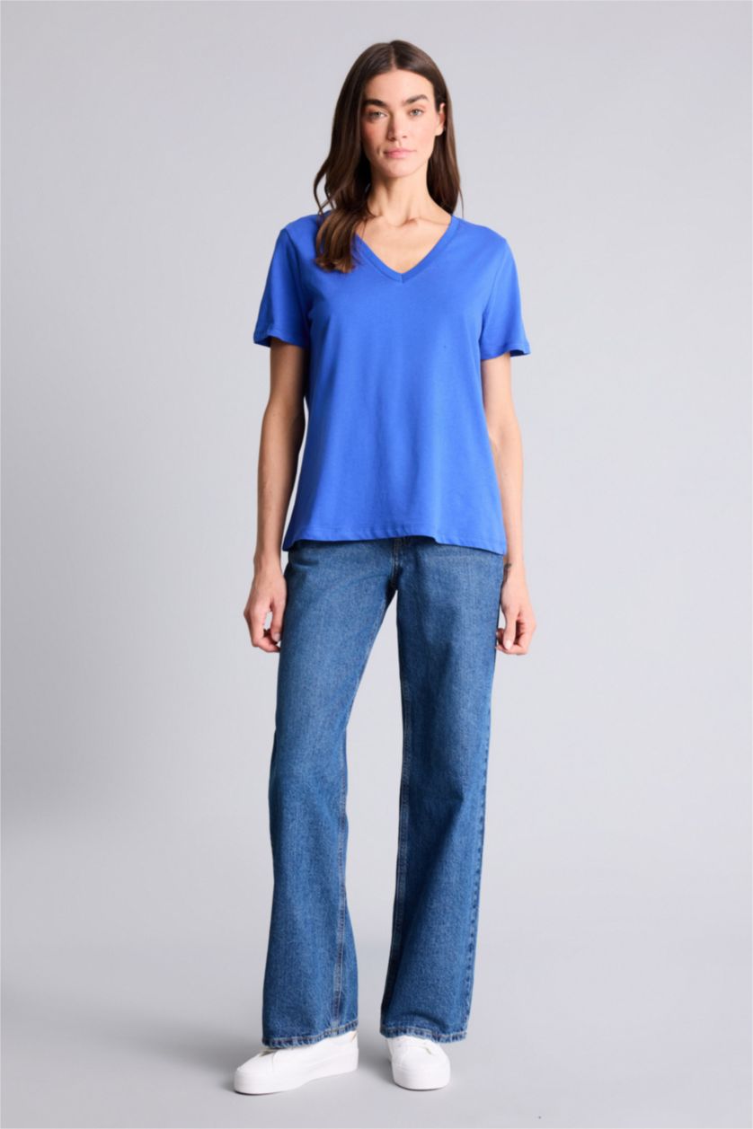 Kadın Saks %100 Pamuk V Yaka Basic Tişört