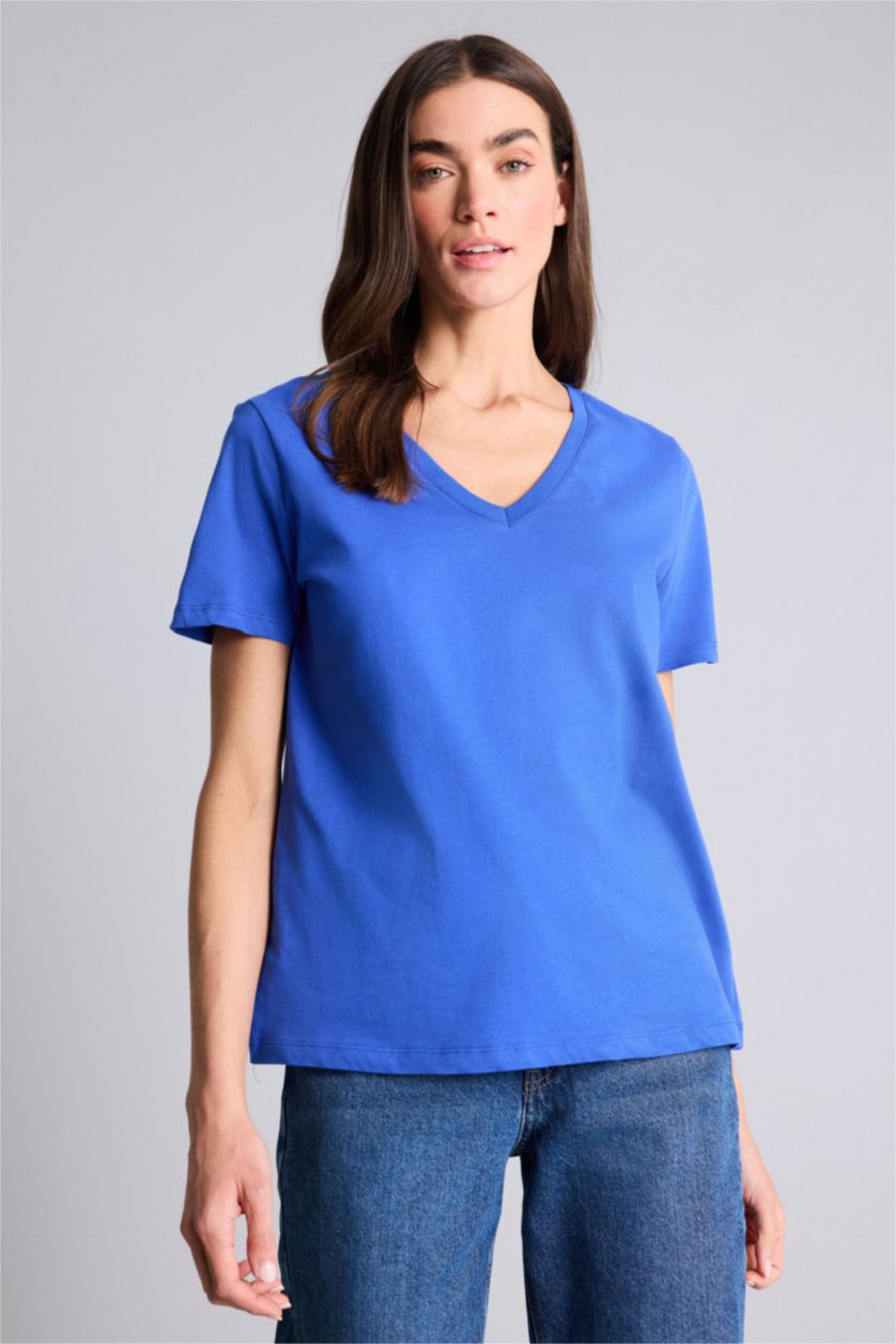 Kadın Saks %100 Pamuk V Yaka Basic Tişört