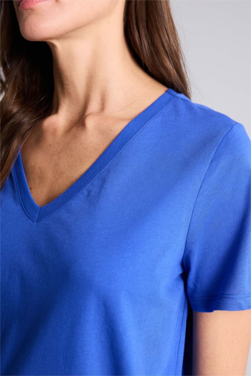 Kadın Saks %100 Pamuk V Yaka Basic Tişört