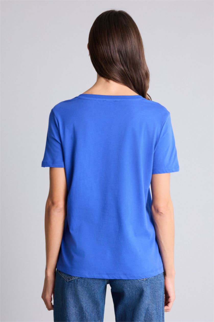 Kadın Saks %100 Pamuk V Yaka Basic Tişört