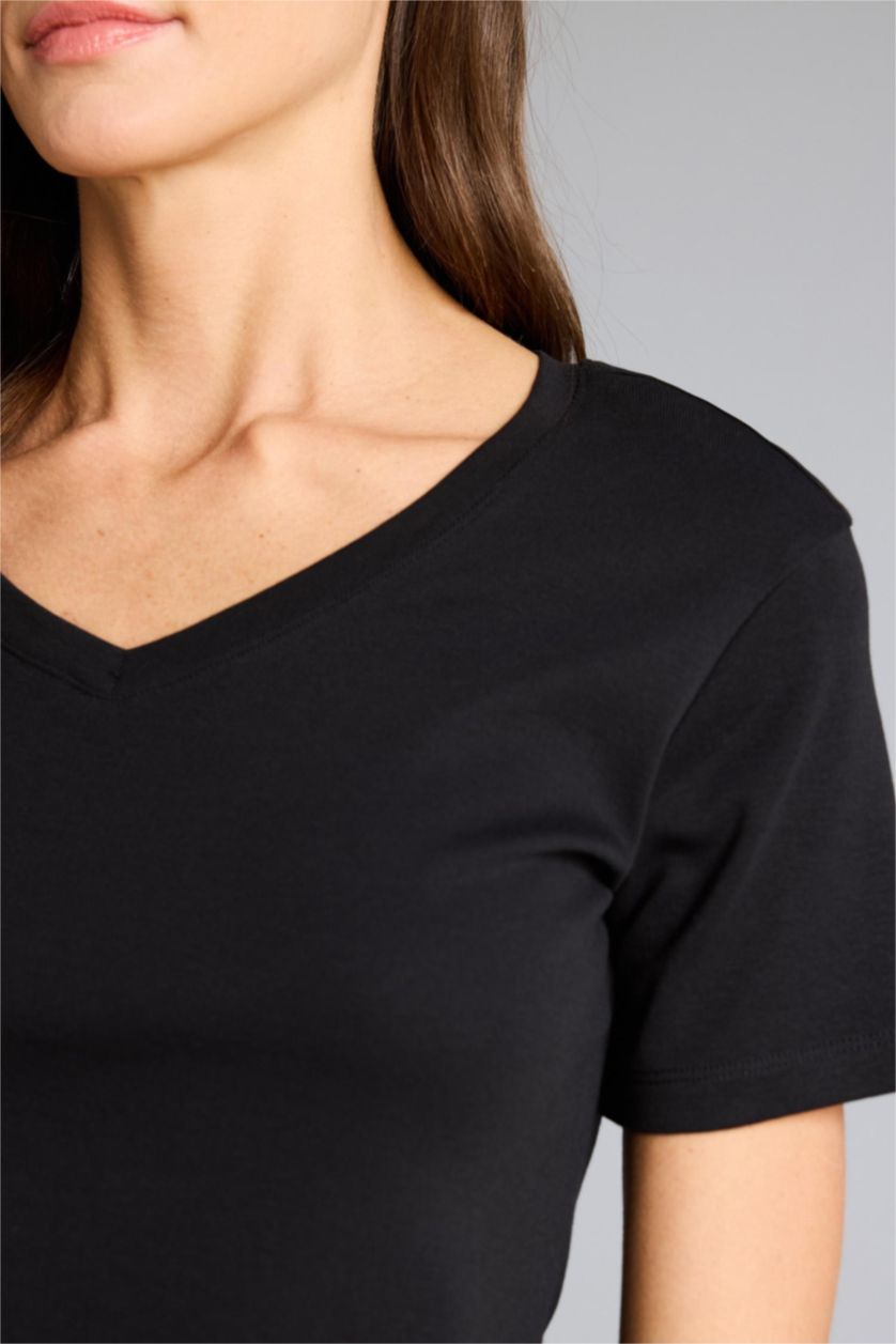 Kadın Siyah %100 Pamuk V Yaka Basıc Penye Tişört