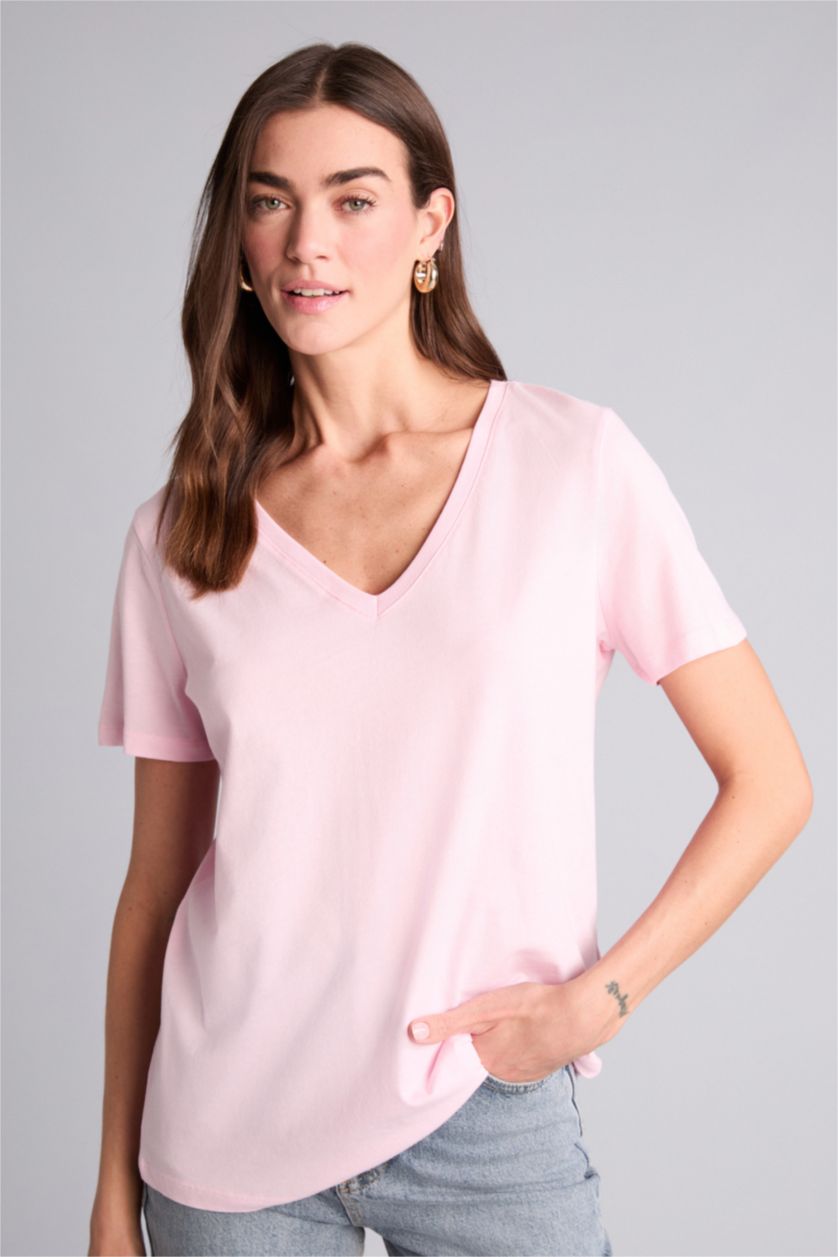 Kadın Pembe Regular Fıt V Yaka Basıc Düz Penye Kısa Kollu Tişört