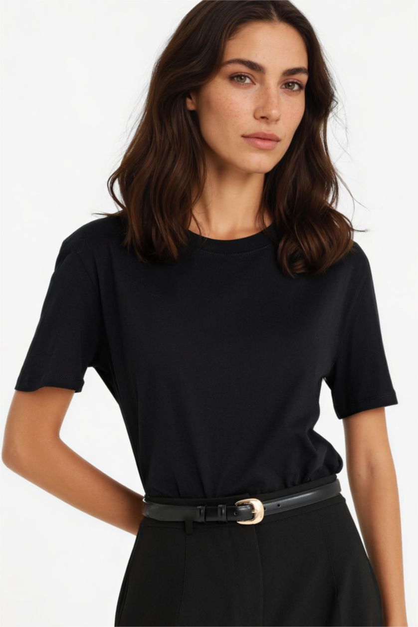 WOMAN Black Regular Fit Crew Neck Basic Cotton Black T-Shirt