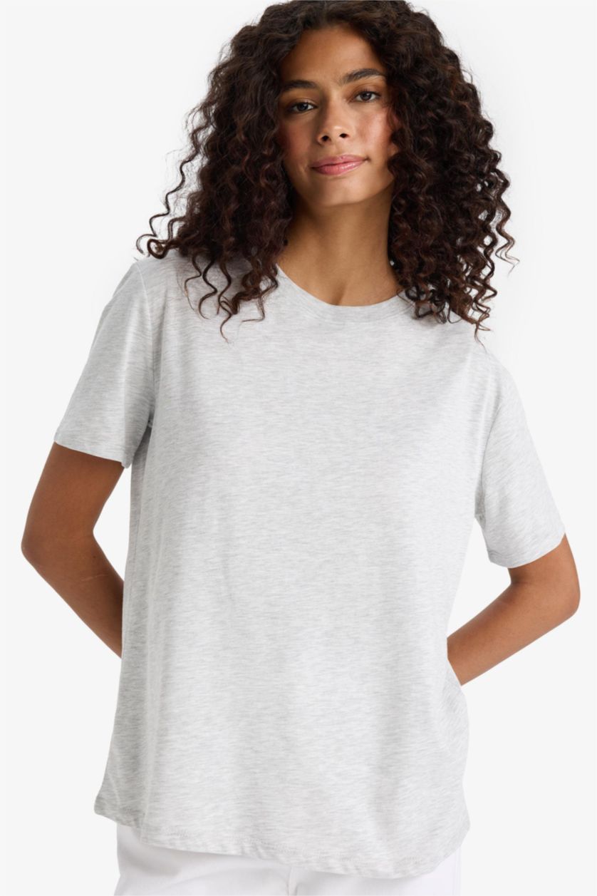 WOMAN Grey Melange Regular Fit Crew Neck Basic Cotton T-Shirt