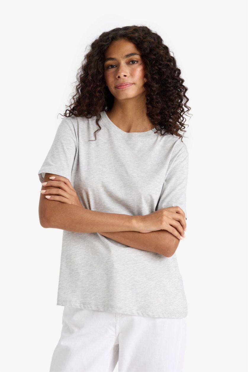 WOMAN Grey Melange Regular Fit Crew Neck Basic Cotton T-Shirt