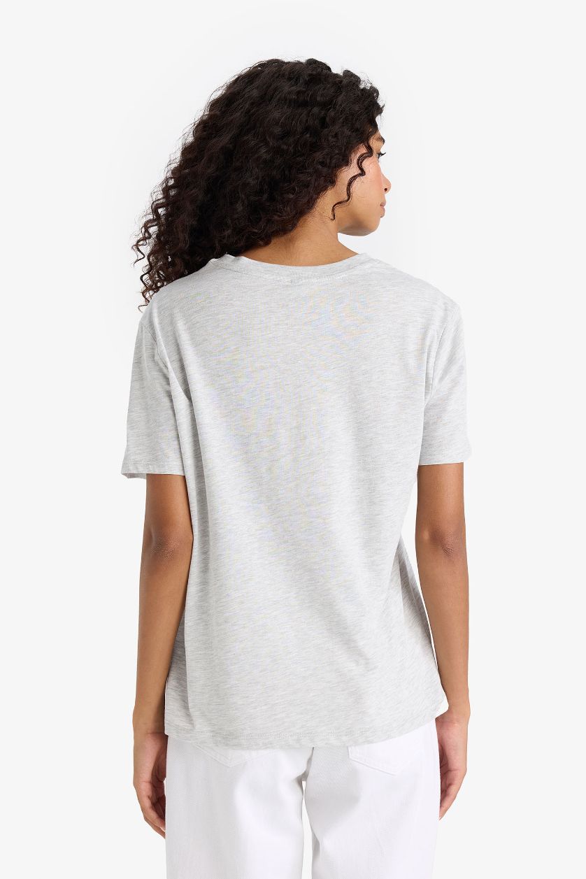 Kadın Gri Melanj Regular Fit Bisiklet Yaka Basic Düz Penye Kısa Kollu Tişört