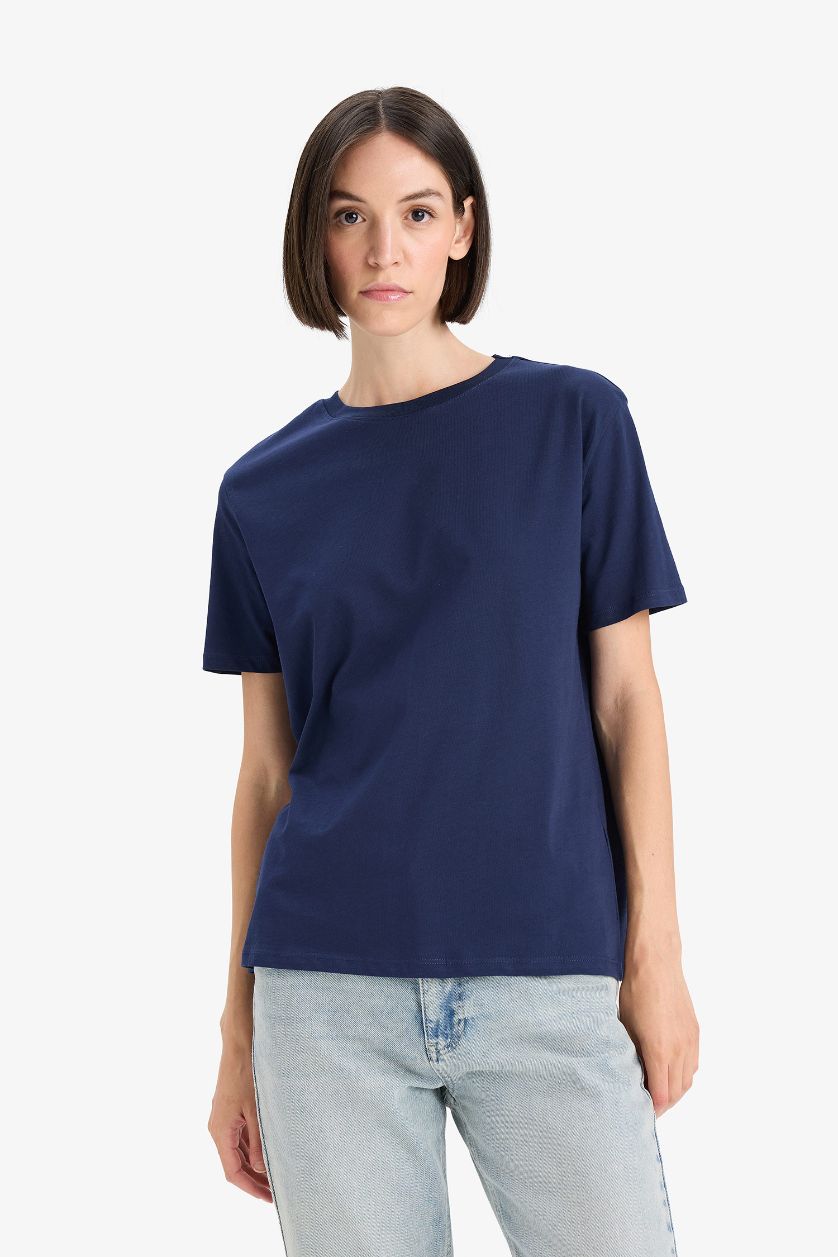 WOMAN NAVY Regular Fit Crew Neck Basic Cotton Short Sleeve T-Shirt