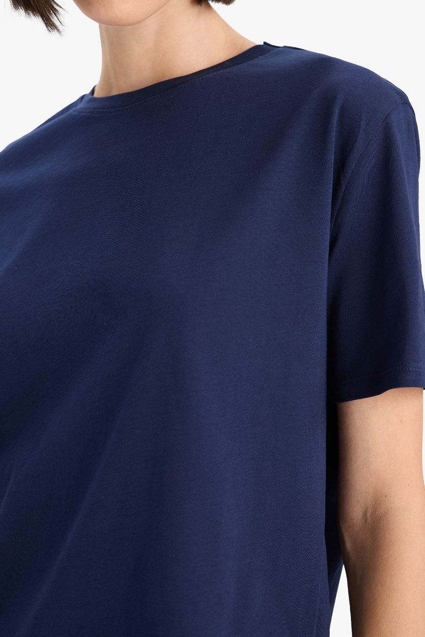 WOMAN NAVY Regular Fit Crew Neck Basic Cotton Short Sleeve T-Shirt