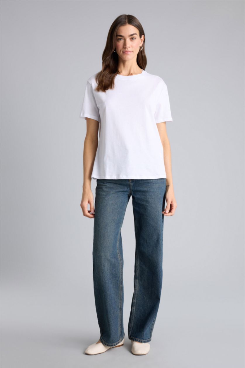 Kadın Violet Beyaz Regular Fıt Bisiklet Yaka Basıc Düz Penye Kısa Kollu Tişört