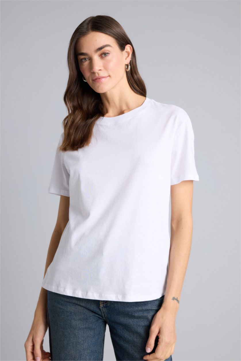 Kadın Violet Beyaz Regular Fıt Bisiklet Yaka Basıc Düz Penye Kısa Kollu Tişört