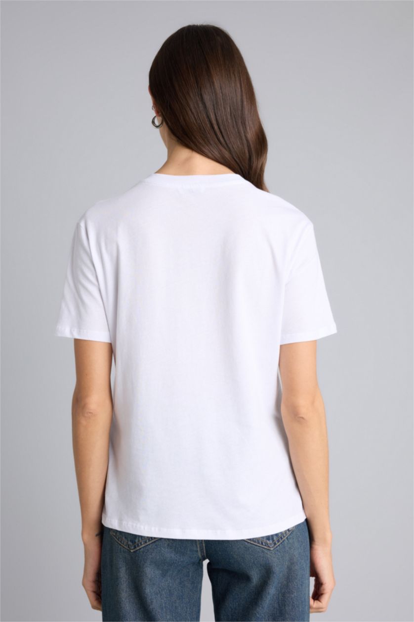 Kadın Violet Beyaz Regular Fıt Bisiklet Yaka Basıc Düz Penye Kısa Kollu Tişört