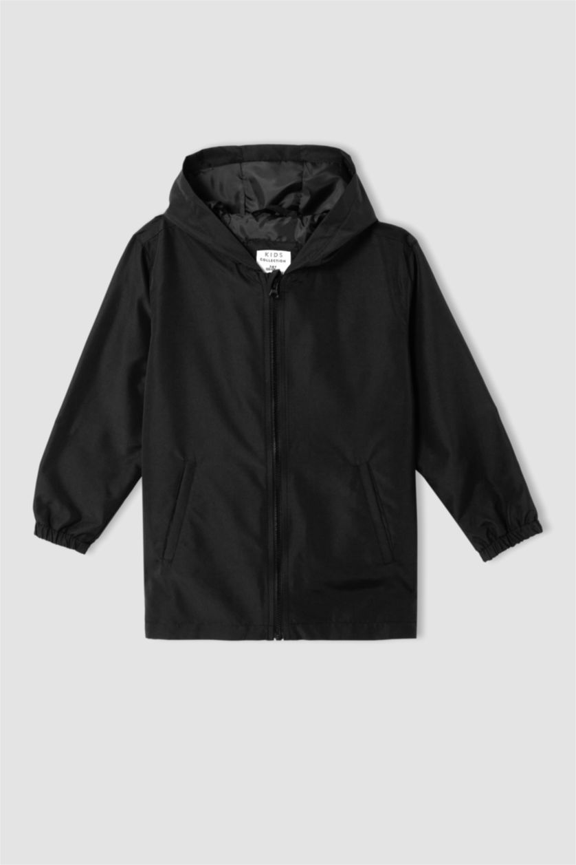 BOYS & TEENS Black Boy Regular Fit Long Sleeve Back Print Hooded Rain Jacket