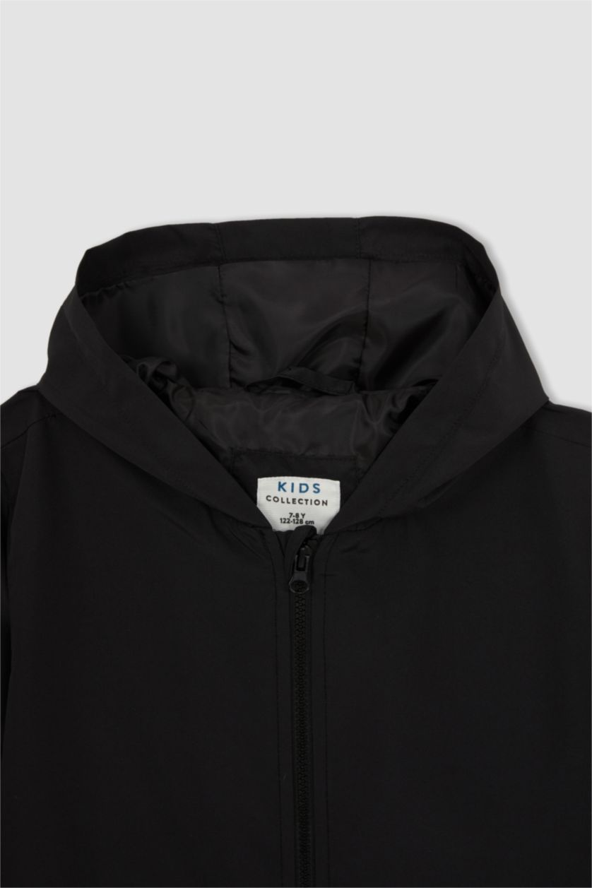 BOYS & TEENS Black Boy Regular Fit Long Sleeve Back Print Hooded Rain Jacket