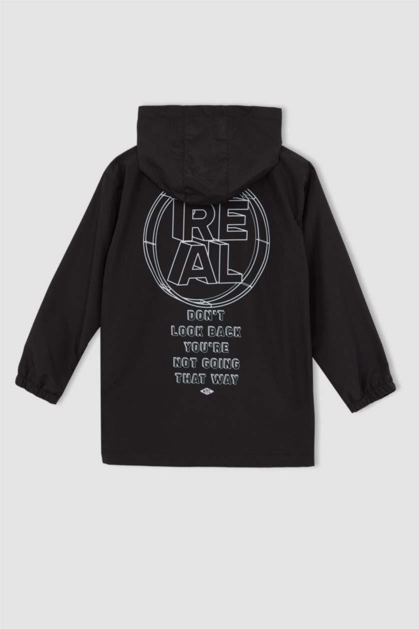 BOYS & TEENS Black Boy Regular Fit Long Sleeve Back Print Hooded Rain Jacket