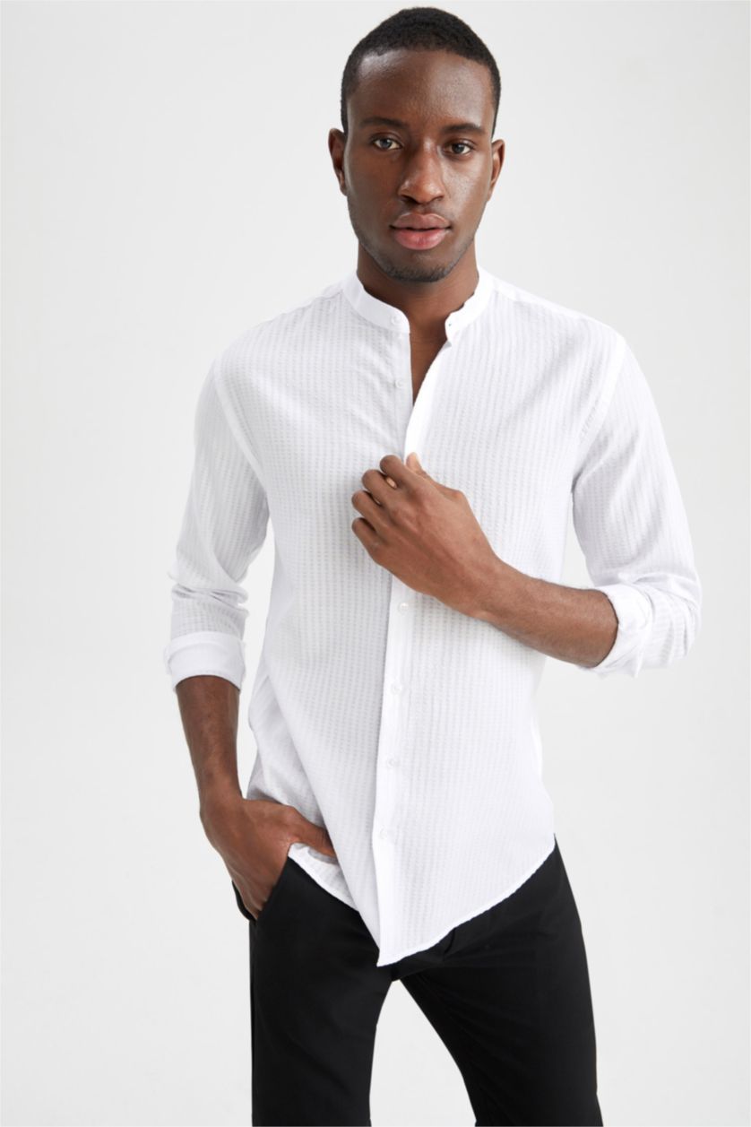 رجال أبيض قميص عصري كم طويل بياقة كبيرة